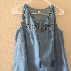 Peasant embroidered denim top